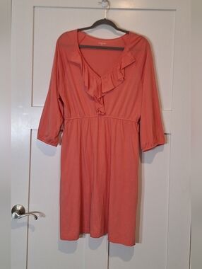 Garnet Hill Ruffled V Neckline Midi Dress 100% Cotton Empire Waist Coral Large